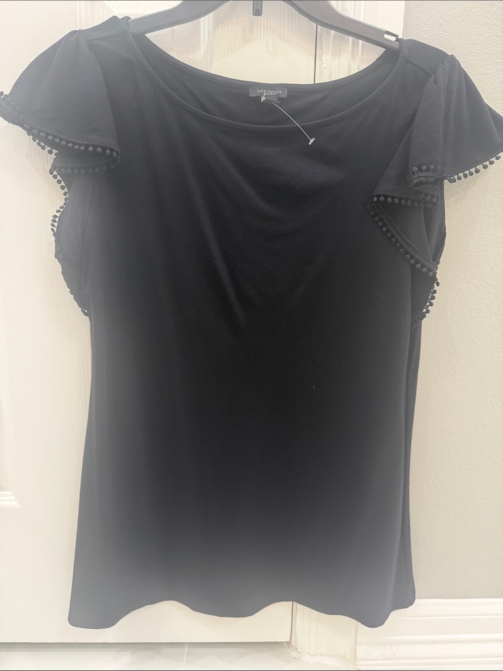 Ann Taylor Factory Black Pom-Trim Flutter Sleeve Top
